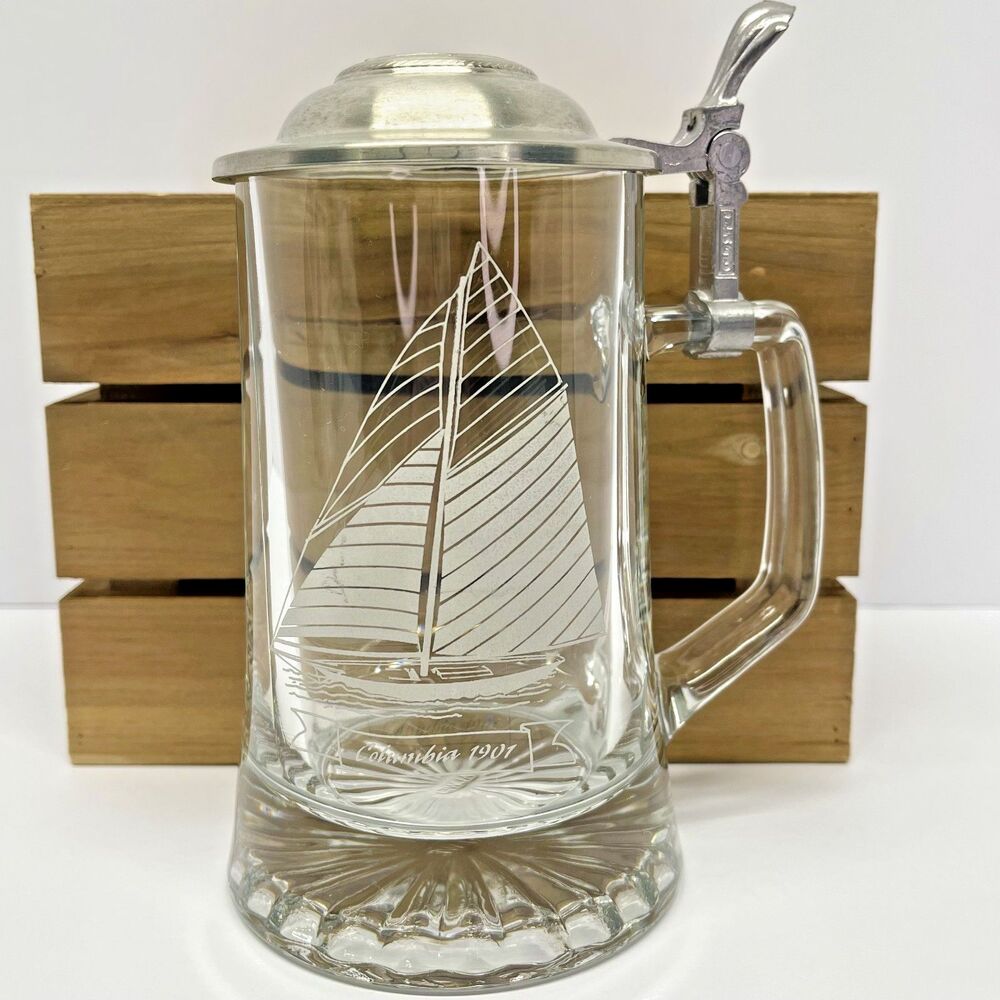 Old Spice Columbia 1901 Beer Stein ALWE Etched Glass Pewter Anchor Lid W Germany